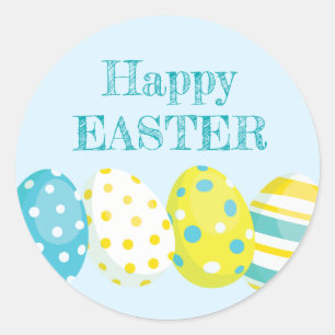 Happy Easter Eggs Blue Background Classic Round Sticker