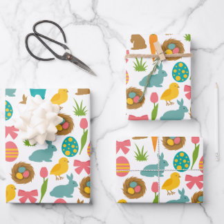 Happy Easter Eggs Bunny Chicks Patten Wrapping Paper Sheet