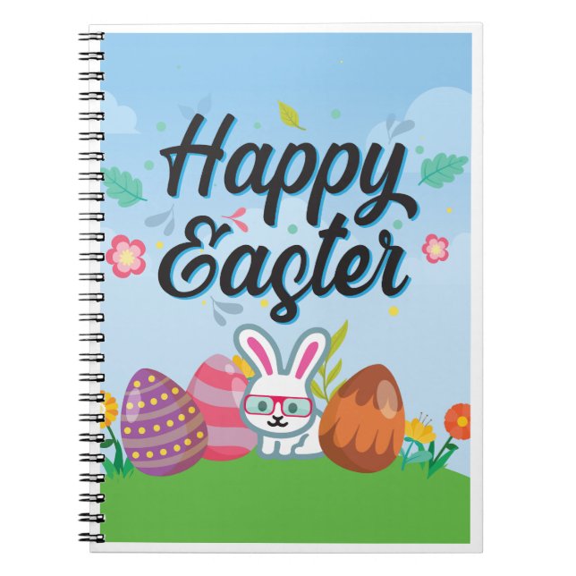 Happy Easter Eggs Bunny & Flowers Notebook (Front)
