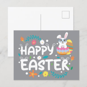 Happy Easter, Eggs, Bunny & Flowers Postcard