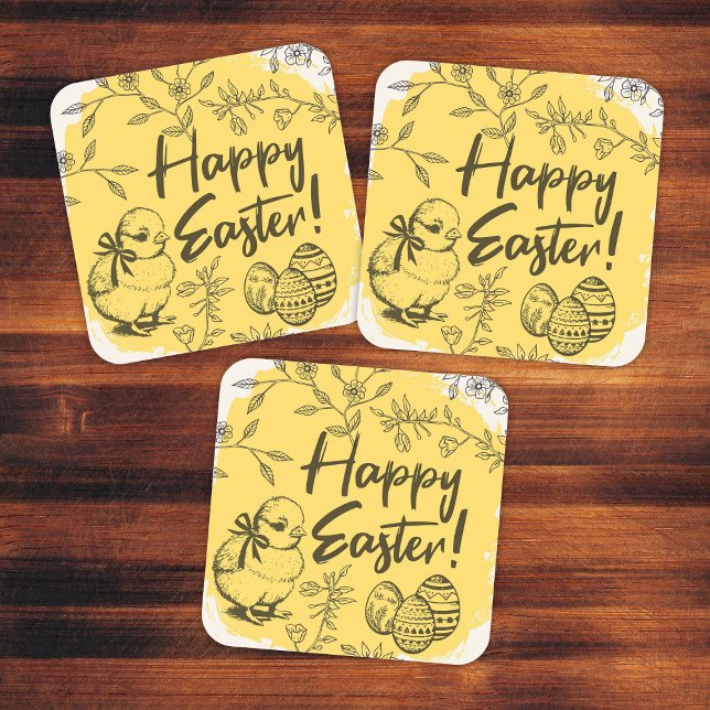 Happy Easter Eggs & Chick Yellow Square Sticker (Happy Easter Eggs & Chick Yellow Square Sticker
)