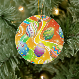 Happy Easter Eggs Festive Pattern Ceramic Tree Decoration