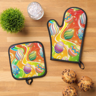 Happy Easter Eggs Festive Pattern Oven Mitt & Pot Holder Set