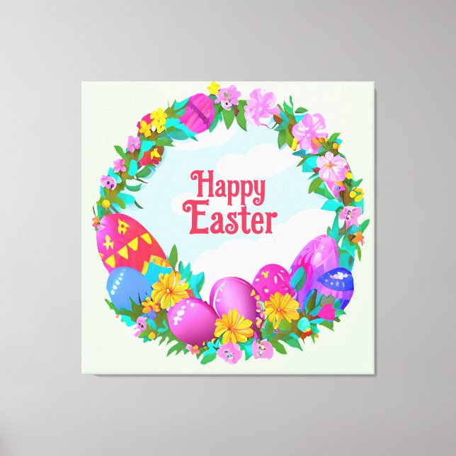 Happy Easter Eggs Floral Wreath Canvas Print (Front)