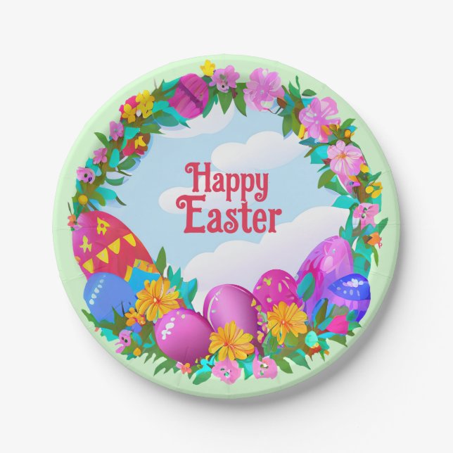 Happy Easter Eggs Floral Wreath Paper Plate (Front)
