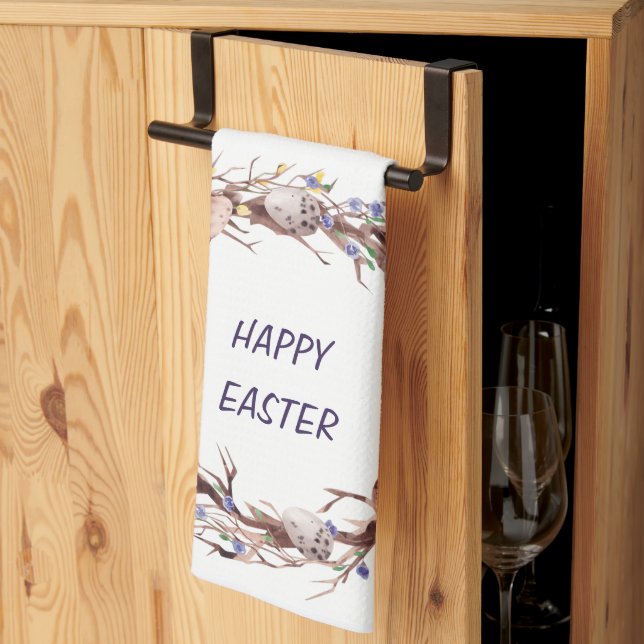 Happy Easter Eggs Floral  Wreath   Tea Towel (Thirds Fold)
