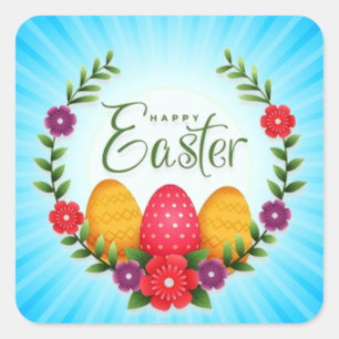 Happy Easter Eggs Flowers-23798 Square Sticker