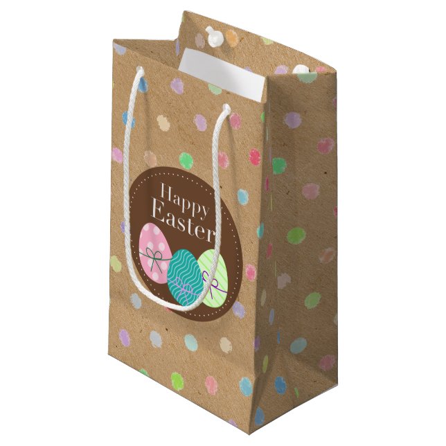 Happy Easter Eggs Polkadots On Faux Kraft Paper Small Gift Bag (Front Angled)