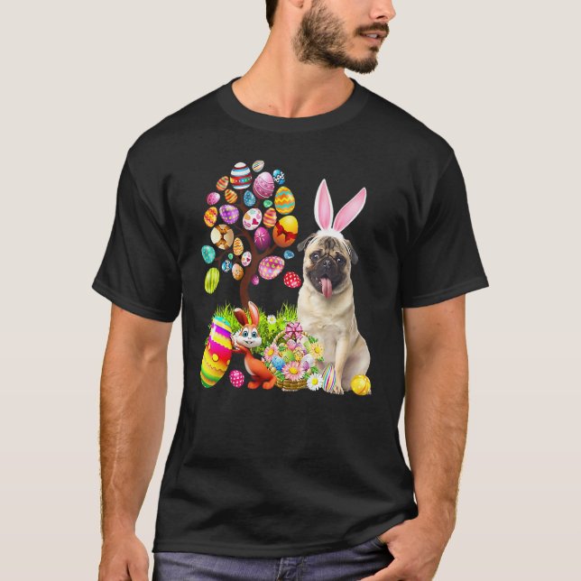 Happy Easter Eggs Tree Bunny Fawn Pug Dog T-Shirt (Front)