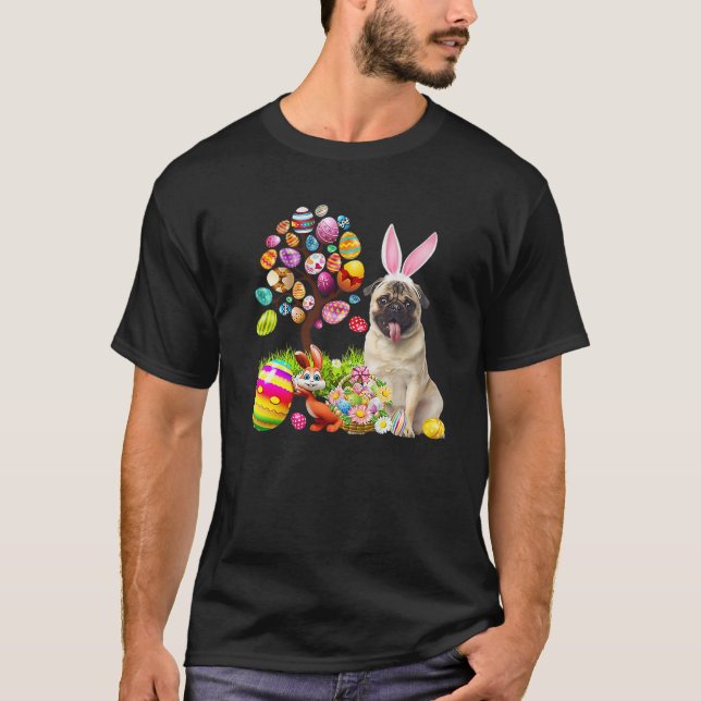 Happy Easter Eggs Tree Bunny Fawn Pug Dog T-Shirt (Front)