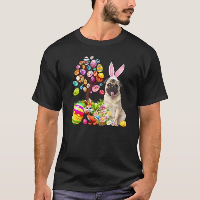 Happy Easter Eggs Tree Bunny Fawn Pug Dog   T-Shirt (Front)