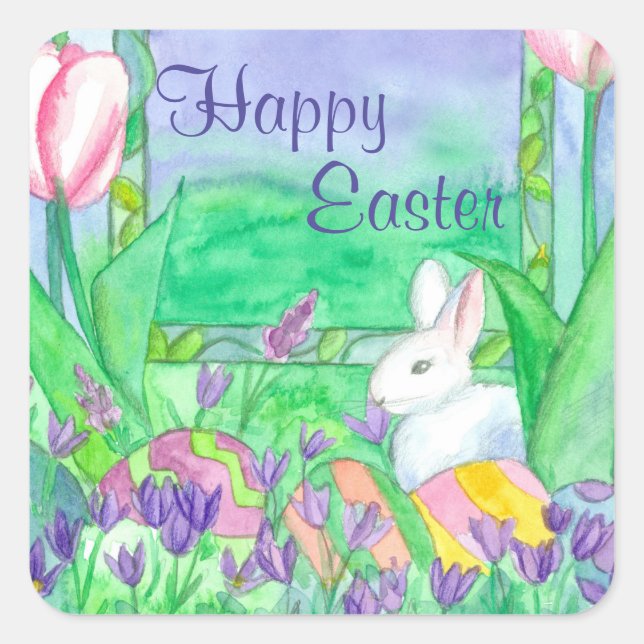 Happy Easter Eggs White Rabbit Square Sticker (Front)