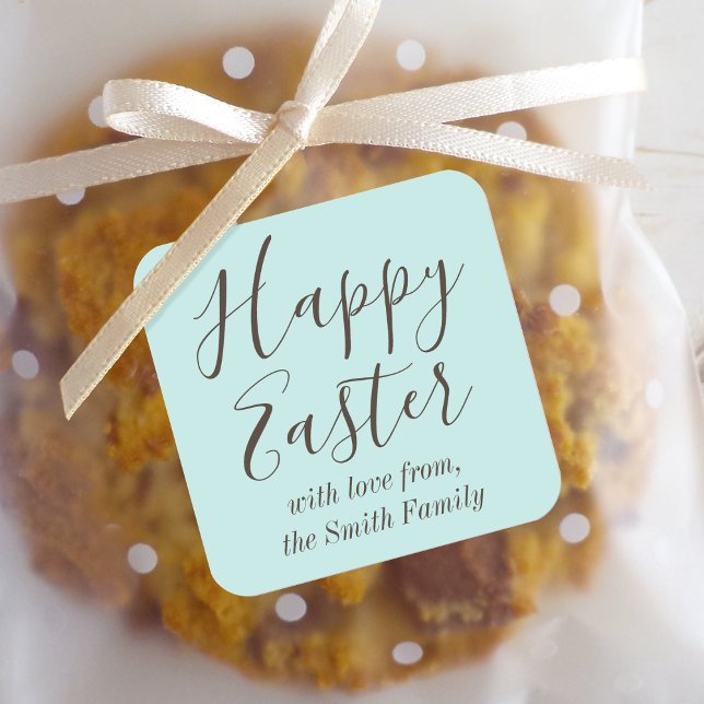 Happy Easter Elegant Script Gift Favour Blue Green Square Sticker (Creator Uploaded)