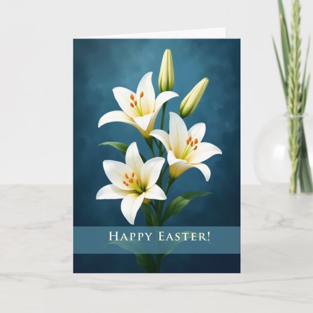Happy Easter Elegant White Lilies Blue Background Card (Front)
