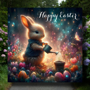 Happy Easter Fantasy Art Bunny Flower Garden Holiday Card