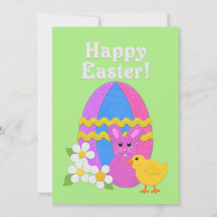 Happy Easter Felt Look Easter Egg Bunny Chick Holiday Card