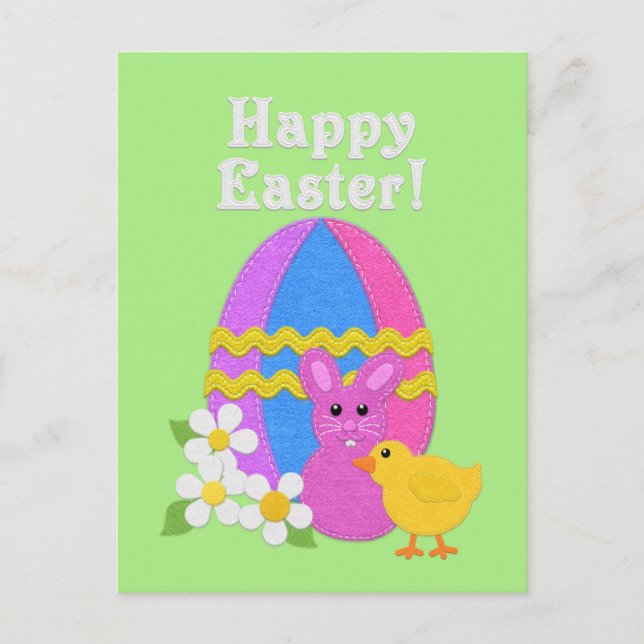 Happy Easter Felt Look Easter Egg Bunny Chick Holiday Postcard (Front)