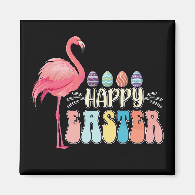 Happy Easter Flamingo Bunny Egg Basket Magnet (Front)