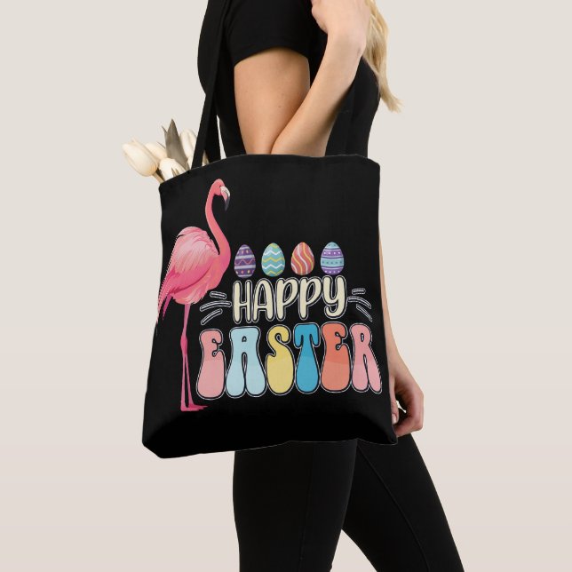 Happy Easter Flamingo Bunny Egg Basket Tote Bag (Close Up)
