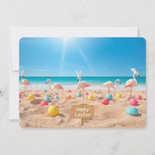 Happy Easter Flamingo Easter Egg Hunt on Beach Holiday Card