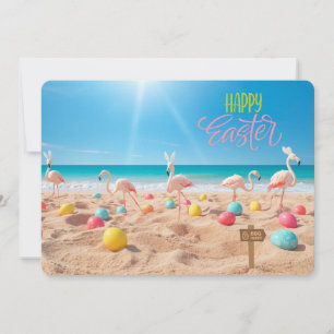 Happy Easter Flamingo Easter Egg Hunt on Beach Holiday Card