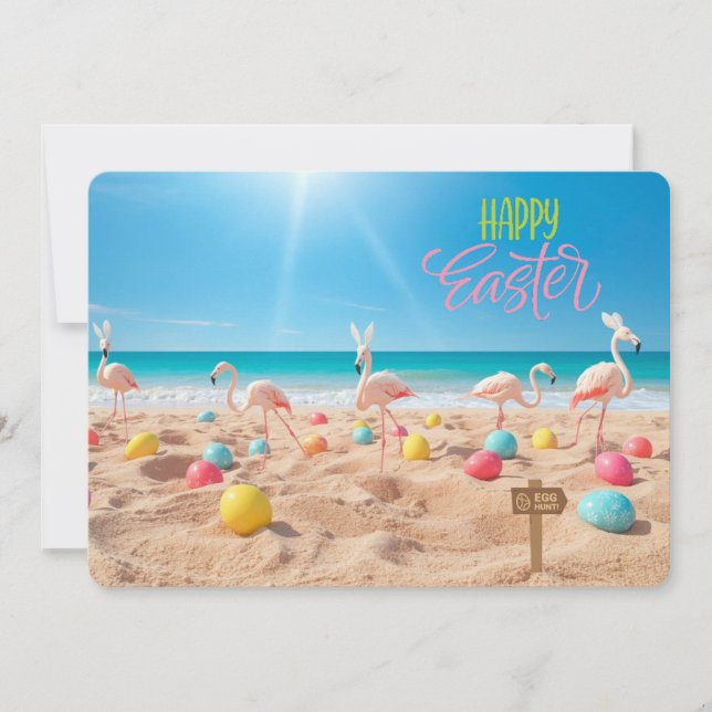 Happy Easter Flamingo Easter Egg Hunt on Beach Holiday Card (Front)