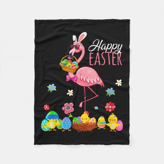 Happy Easter Flamingo With Easter Egg Bysket Hunti Fleece Blanket (Front)