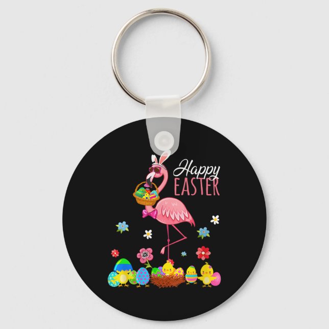 Happy Easter Flamingo With Easter Egg Bysket Hunti Key Ring (Front)