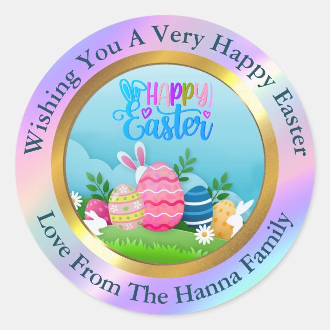 Happy Easter - Floral Bunny & Eggs Favor Classic Round Sticker (Front)