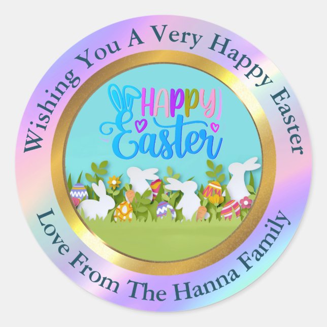 Happy Easter - Floral Bunny & Eggs Favour Classic Round Sticker (Front)