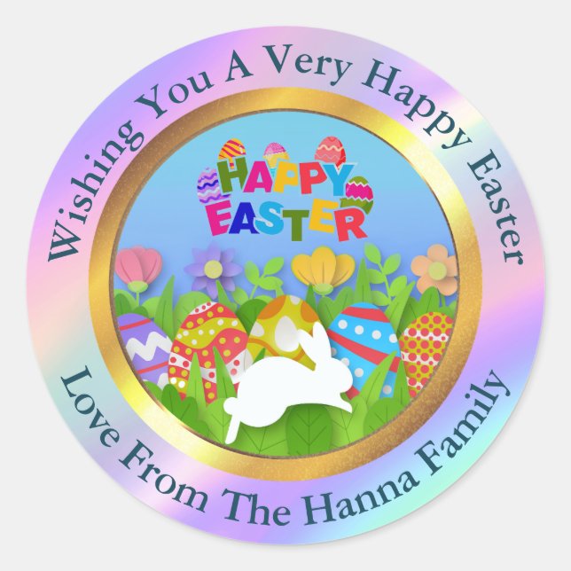 Happy Easter - Floral Bunny & Eggs Favour Classic Round Sticker (Front)