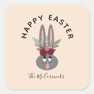 Happy Easter Floral Bunny Personalised Square Sticker