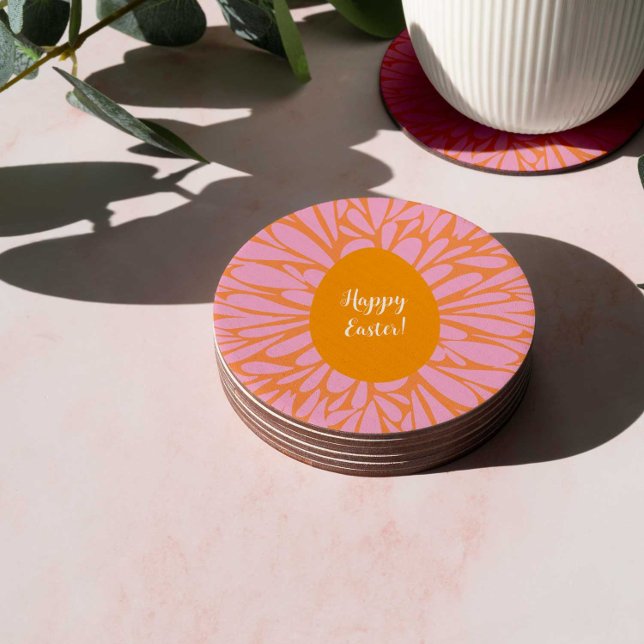 Happy Easter floral burst orange egg Round Paper Coaster (Creator Uploaded)