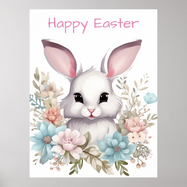 Happy Easter Floral Easter Bunny Rabbit Poster (Front)