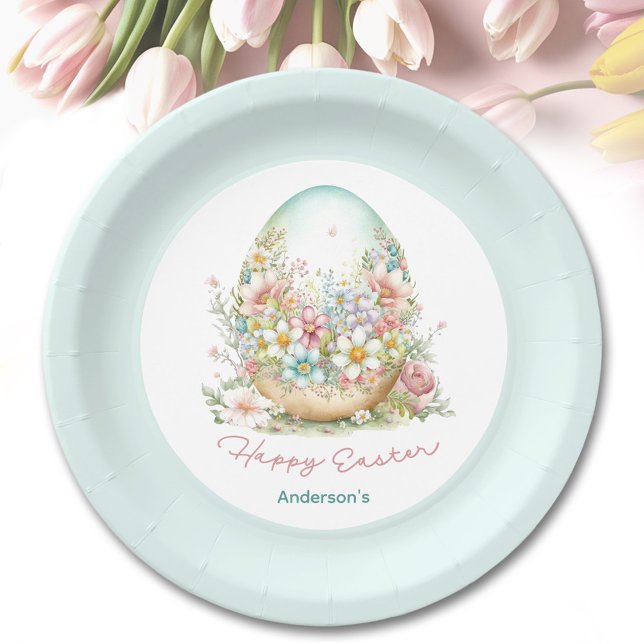 Happy Easter Floral Egg Blue Personalised Name Paper Plate (Happy Easter Floral Egg Blue Personalized Name Paper Plates)