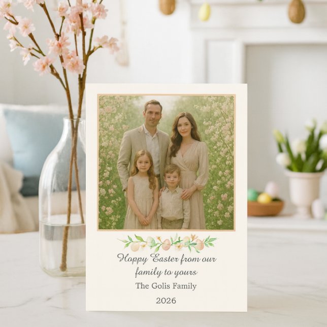 Happy Easter Floral Family Photo Flat Holiday Card (Spring light, cherry blossoms, and a heartfelt Easter wish—family joy in full bloom.)