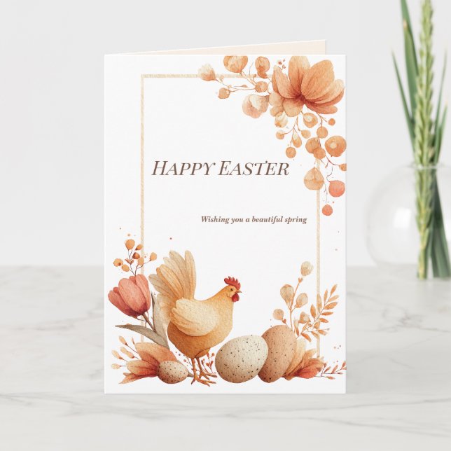 Happy Easter Floral Greeting Card with Chicken (Front)