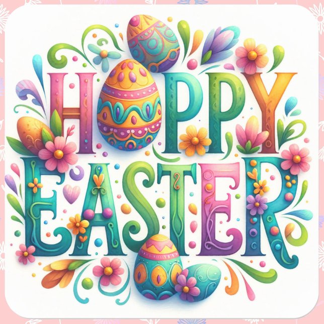 Happy Easter Floral Greeting Springtime Fun  Square Sticker (Creator Uploaded)