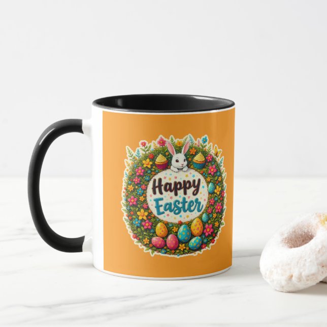 Happy Easter – Floral Spring Wreath caneca Mug (With Donut)