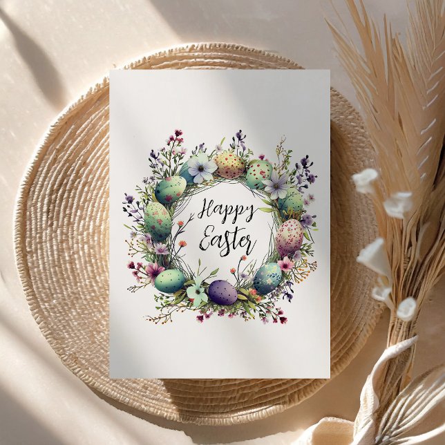 Happy Easter Floral Spring Wreath Monogram Holiday Card (Creator Uploaded)
