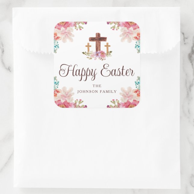 Happy Easter Floral Watercolor Religious Cross Square Sticker (Bag)