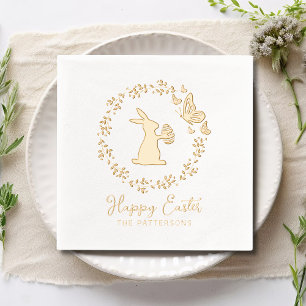 Happy Easter Floral Wreath Bunny Butterflies Name Foil Napkins