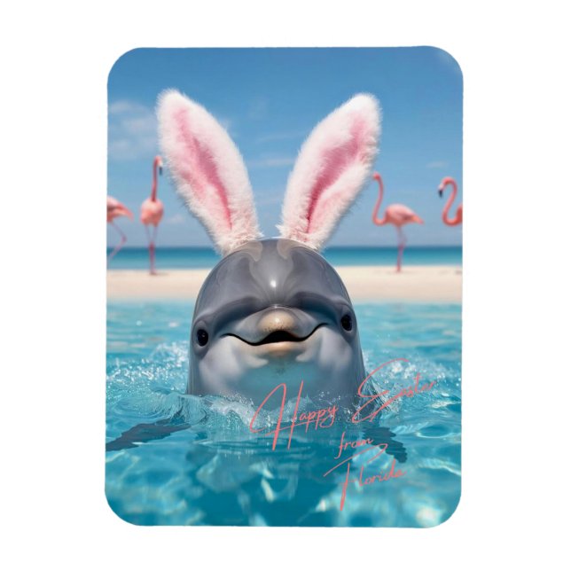 Happy Easter Florida Beach Flamingos and Dolphin Magnet (Vertical)
