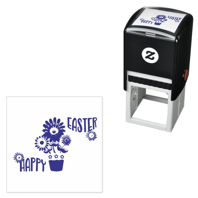 Happy Easter Flowerpot Custom Colours Self-inking Stamp (In Situ)