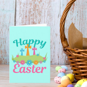 Happy Easter Flowers Religious Cross Card