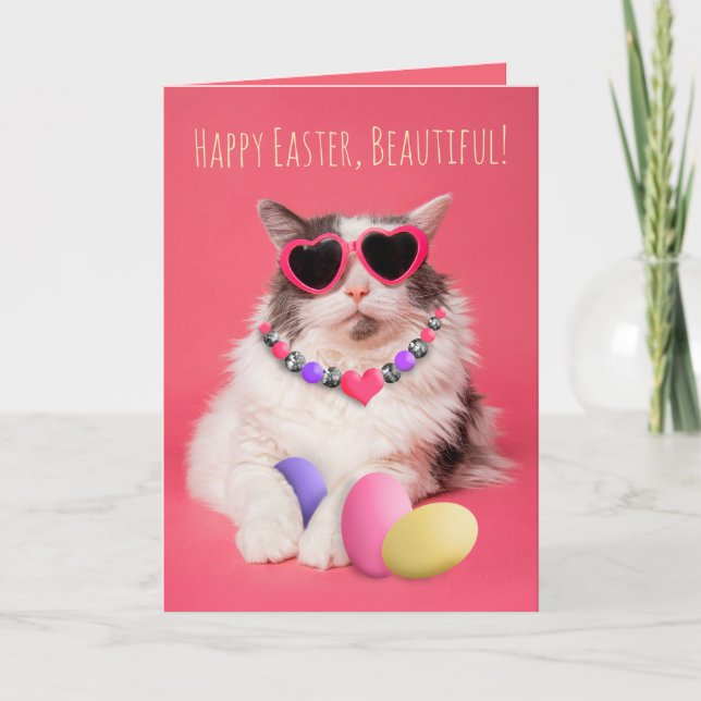 Happy Easter For Anyone Glamourous Cat With Eggs  Holiday Card (Front)