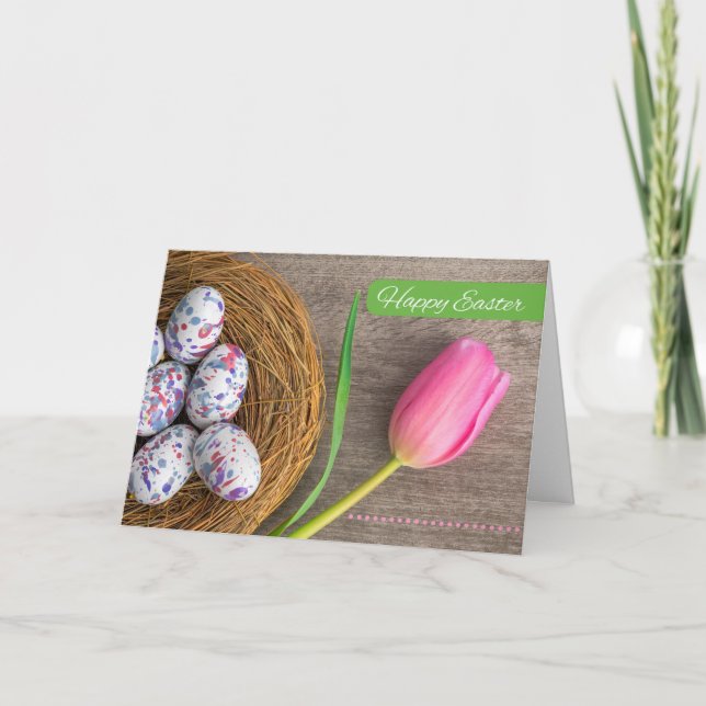 Happy Easter For Anyone Pink Tulip and Eggs Holiday Card (Front)