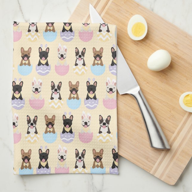 Happy Easter French Bulldog Pattern Tea Towel (Quarter Fold)
