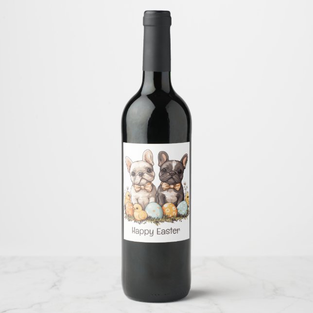 Happy Easter French Bulldogs Wine Label (Front)
