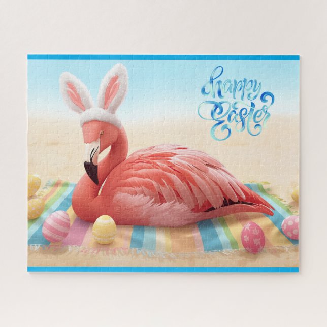Happy Easter from Florida Flamingo Bunny on Beach  Jigsaw Puzzle (Horizontal)